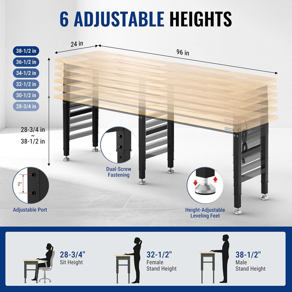 WORKPRO 96x24" Heavy-Duty Adjustable Workbench, 4000LBS Load Capacity Work Table