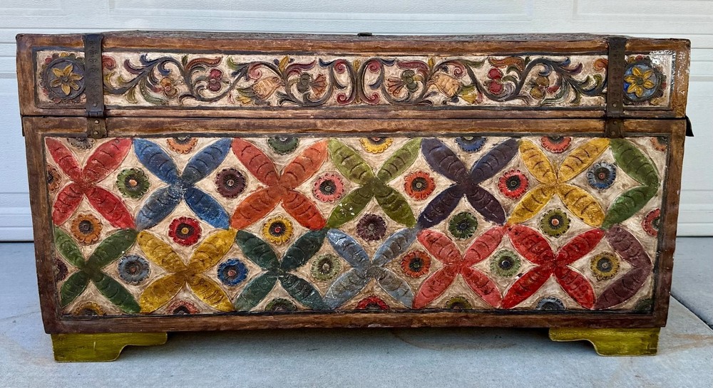 Museum-Quality 18th C.Peruvian Spanish Colonial Polychromed Leather Dowry Trunk
