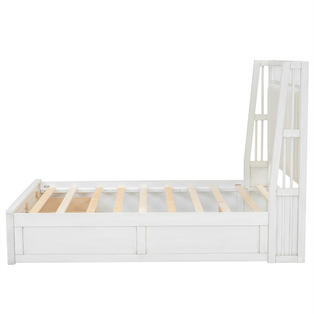 Full/Queen Size Bed Frame Upholstered Platform Bed Frame w/ 2 Drawers White