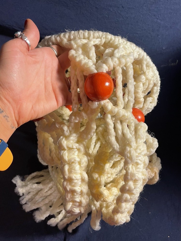 Vintage Macrame Hanger White With Red Beads