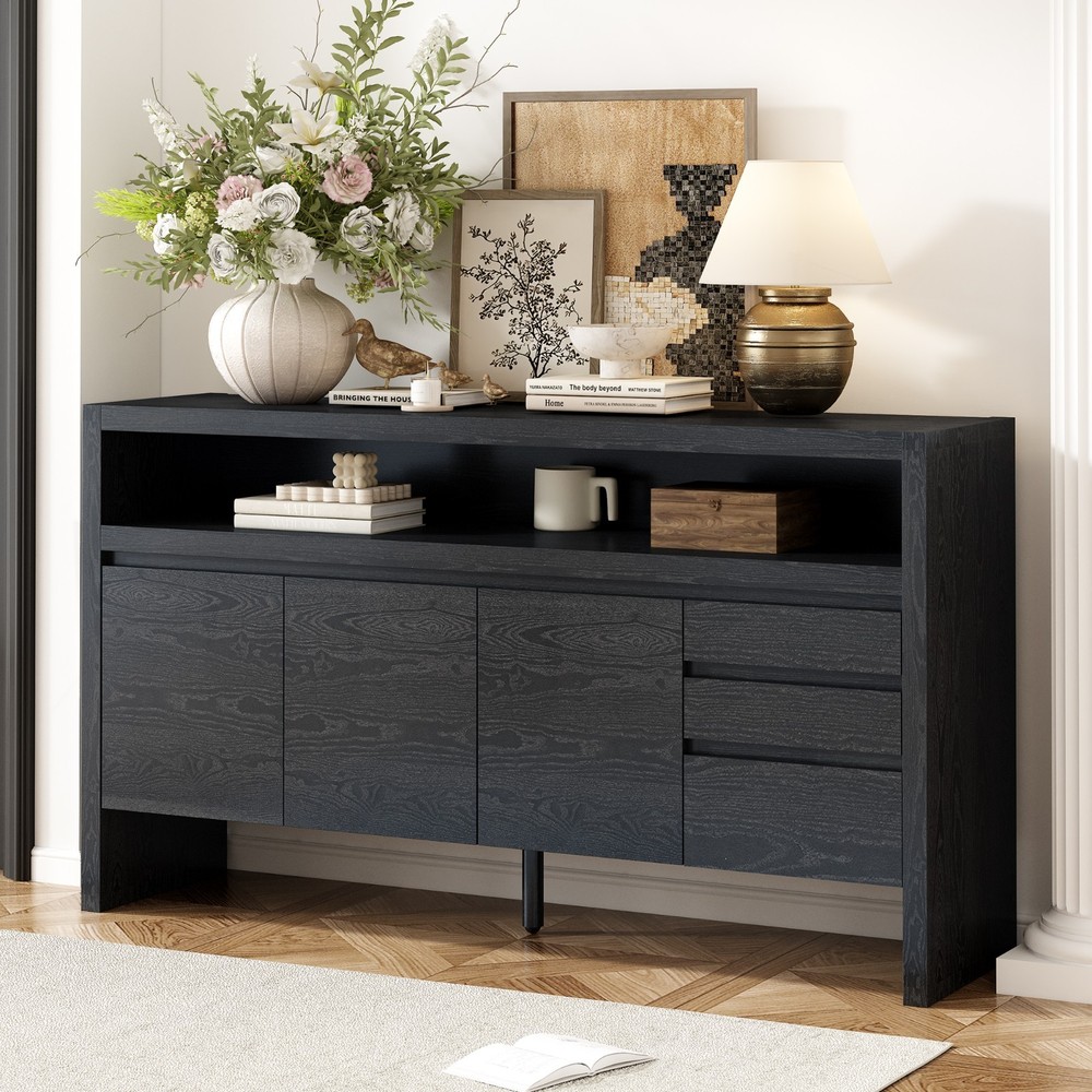 60" Modern Solid Ash Veneer Sideboard (3 Doors+3 Drawers, Semi-Open Shelf