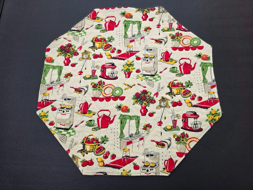 Handmade Quilted Table topper Retro Kitchen Appliances dishes fruit flowers corn