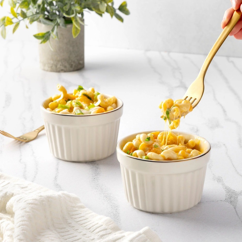 White Ribbed Ramekin Set of 2 Ceramic Baking Dishes