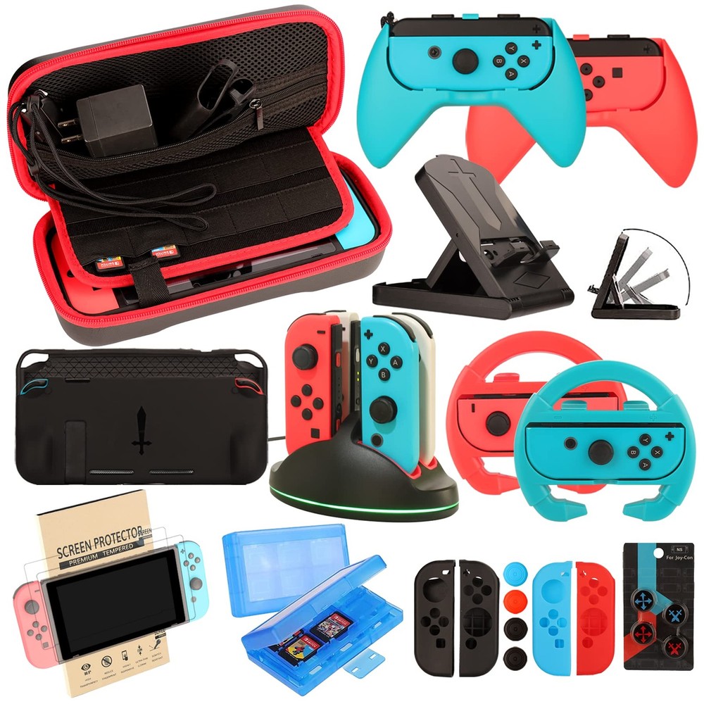Switch OLED Accessories Kit - Game Bundle, Wheel, Caps, Case, Protector