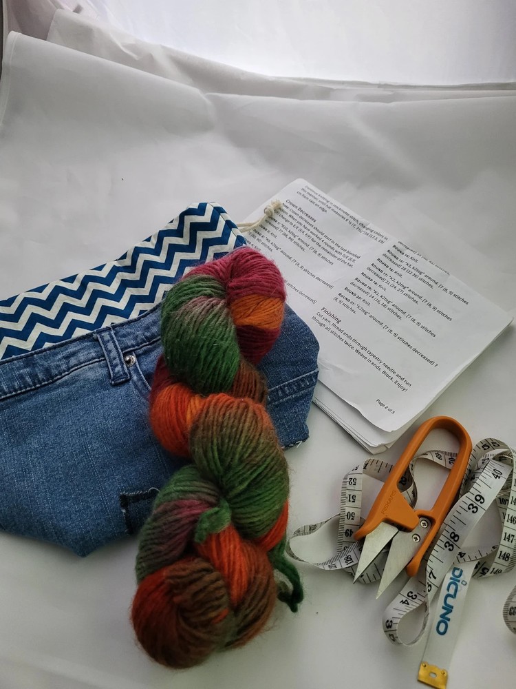 Recycled Denim drawstring Sock Sack, Drawstring bag, small project bag