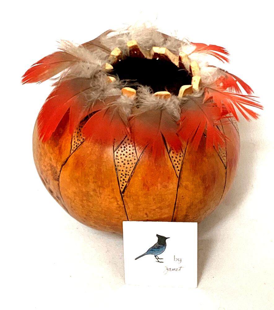 Feathered Gourd Hand Made Hand Painted OOAK Signed Janet Frederick
