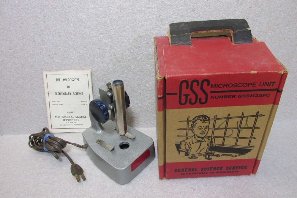 VINTAGE GENERAL SCIENCE SERVICE MODEL M100 LIGHTED MICROSCOPE w/ INST & ORIG BOX