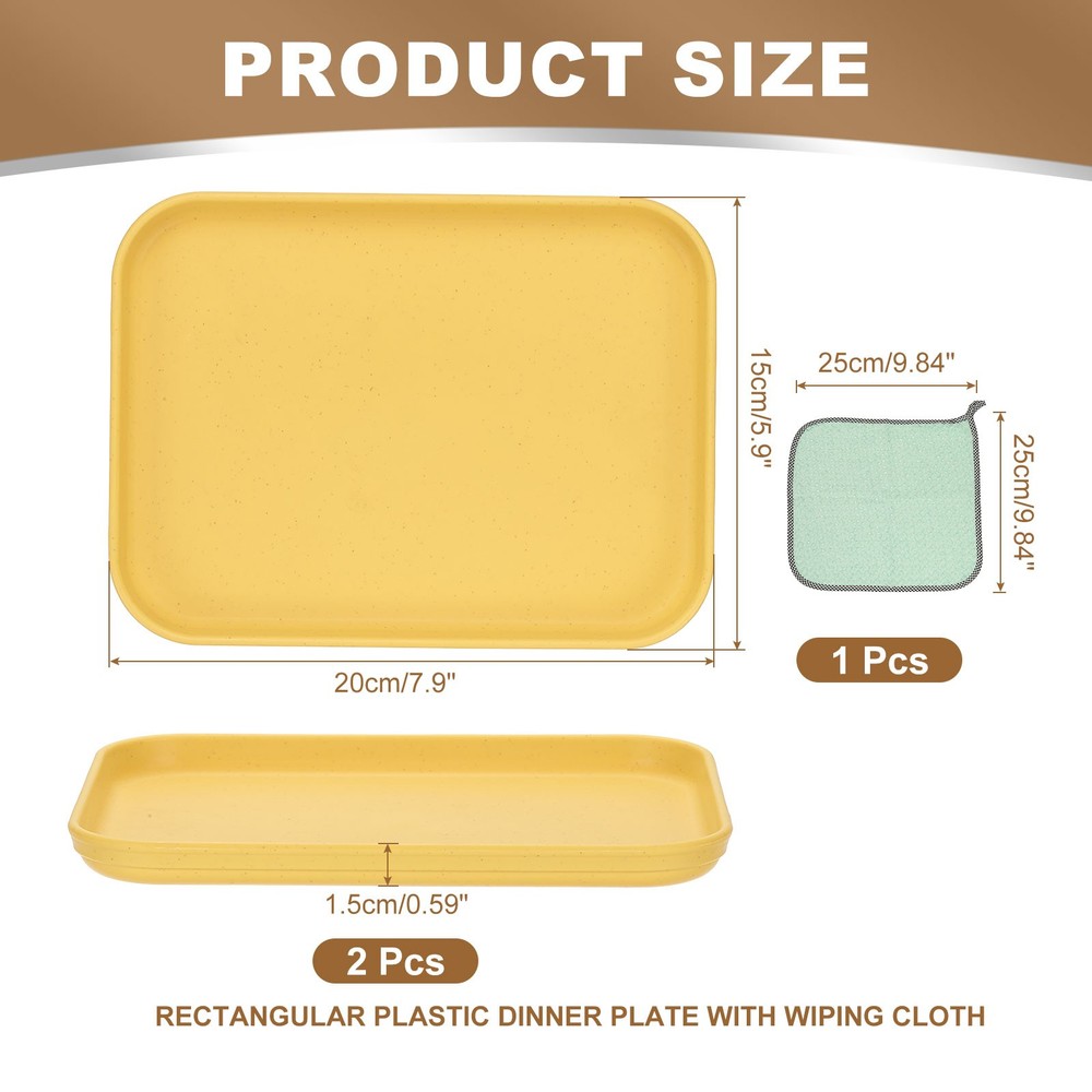2PCS 7.9x5.9" Rectangular Plates Wheat Plastic Dinner Plates Yellow