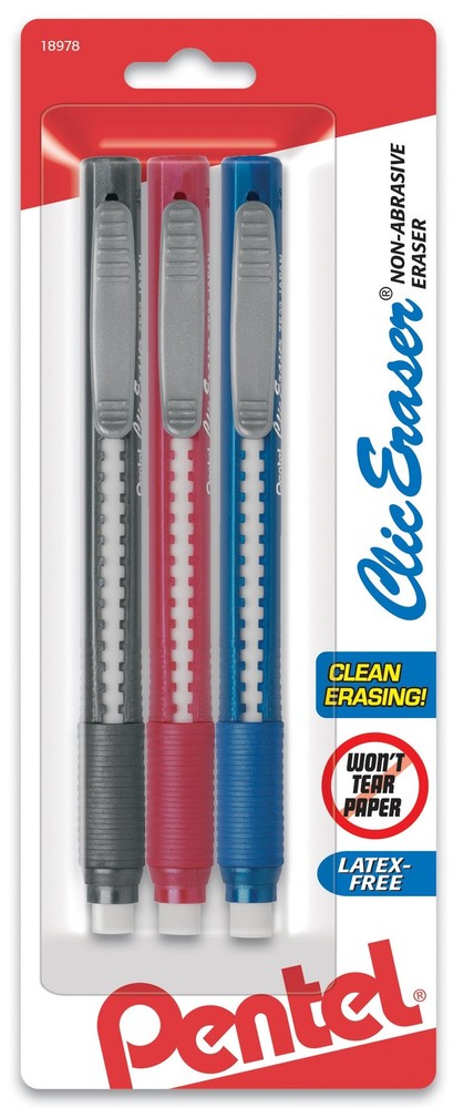 Pentel Clic Retractable Eraser with Grip, 3 Pack