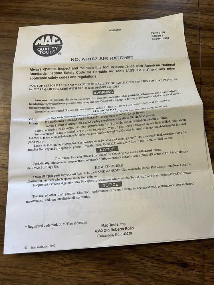 Circa 1990 MAC Tools  AR107 Air Ratchet ***Manual Only***