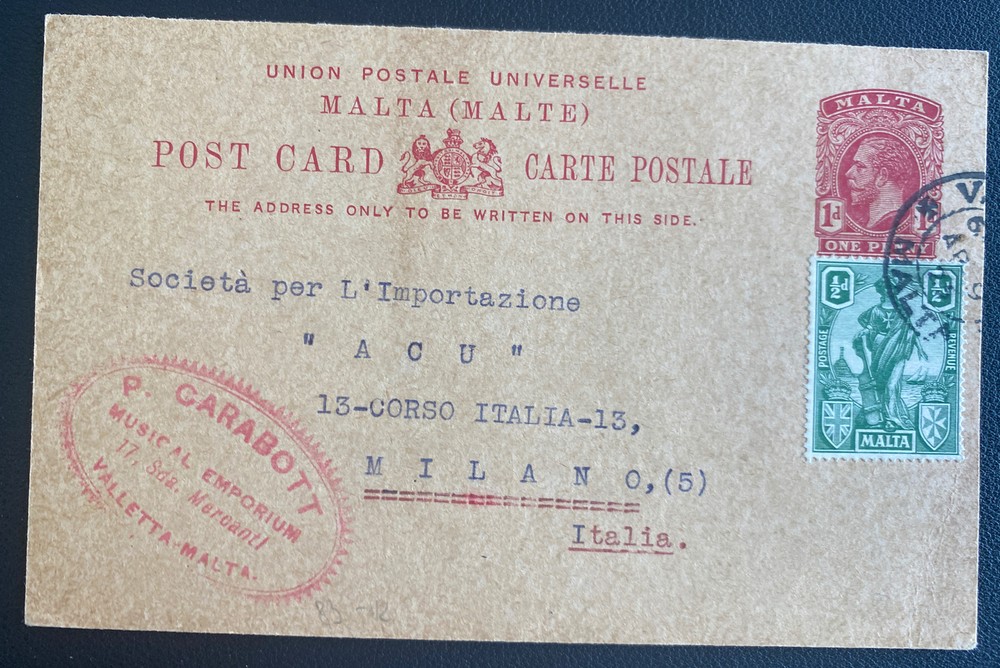 1926 Valletta Malta Postal Stationery Postcard Cover To Milan Italy