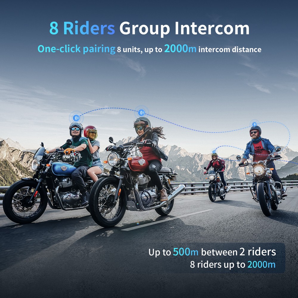 2x M1-S Pro Motorcycle Intercom 2000m 8 Riders Bluetooth Helmet Headset + Mic