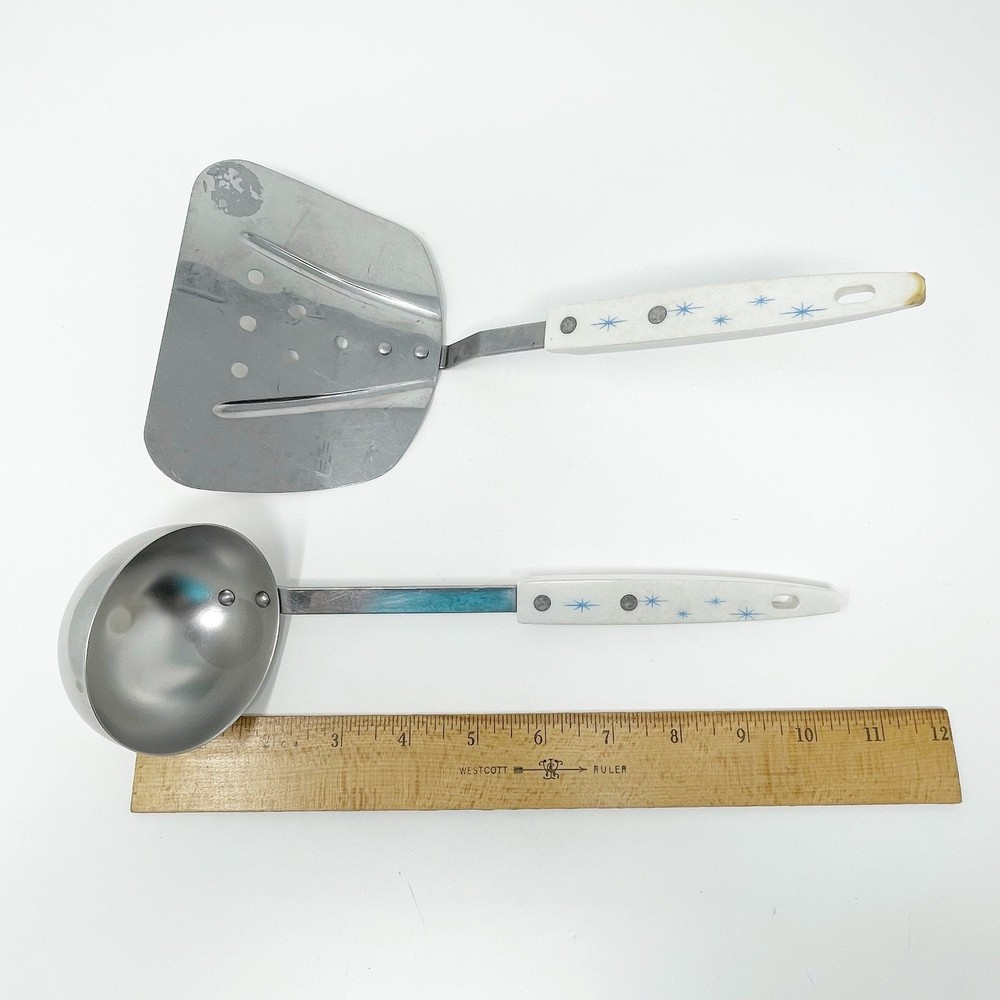 Vintage Atomic Starburst Kitchen Spatula Serving Ladle White Handle Blue MCM