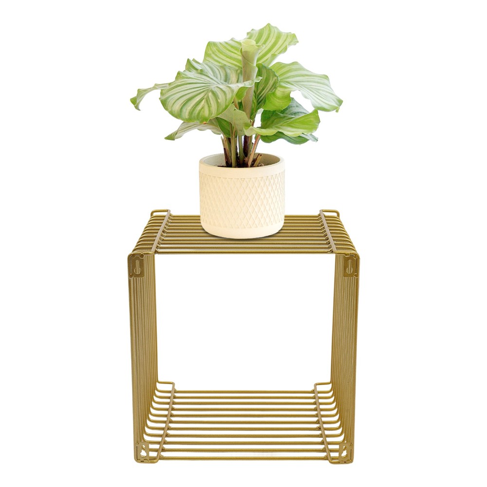 Vintage Golden Side Table, Square Geometry Side Table, Linear Metal End Table