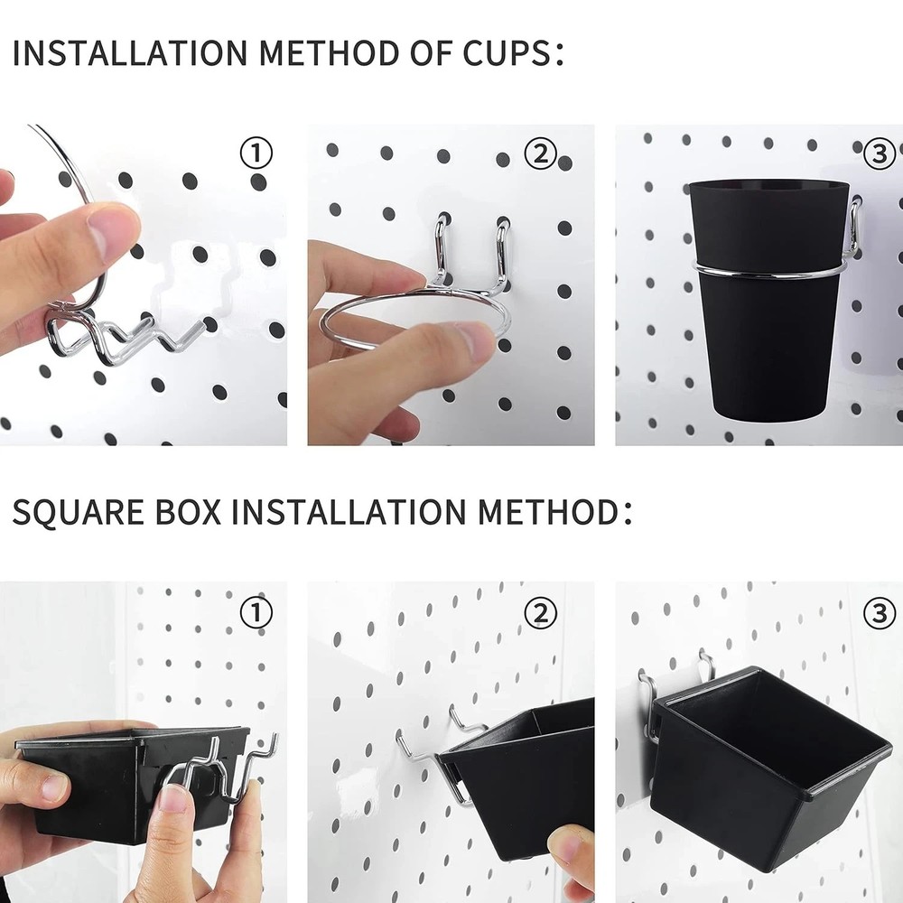 6 Sets Pegboard Bins with Hooks - Organizer for Accessories, Black