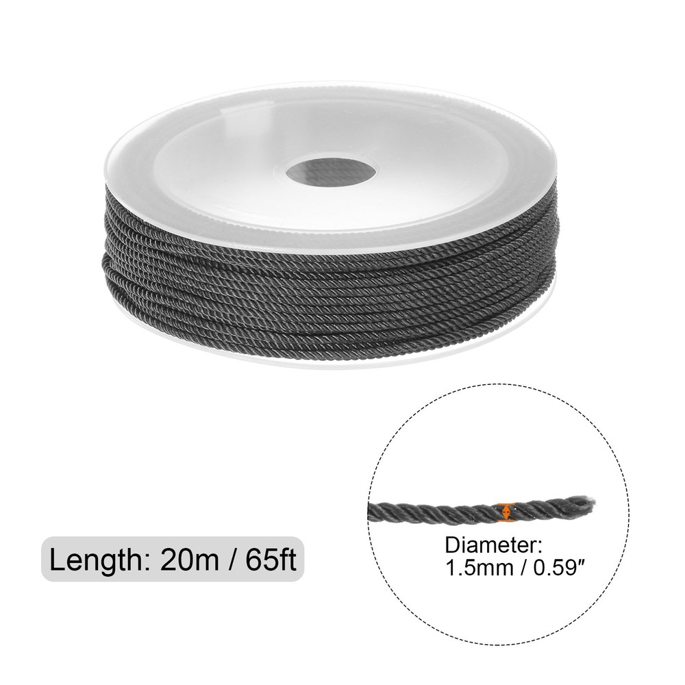 1.5mm Nylon Cord Beading String Chinese Knot Knitting String, Black, 65ft