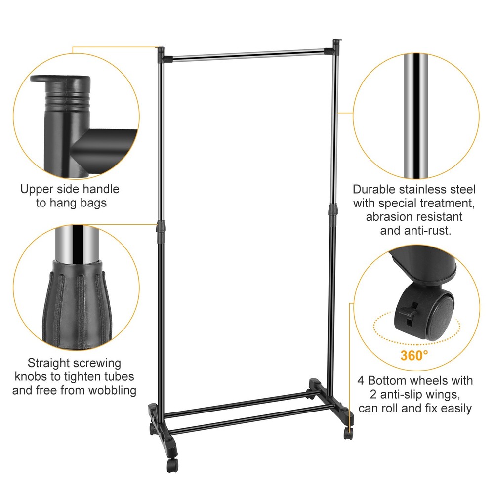Single/Double Adjustable Clothes Hanger Rolling Garment Rack Duty Rail Organizer
