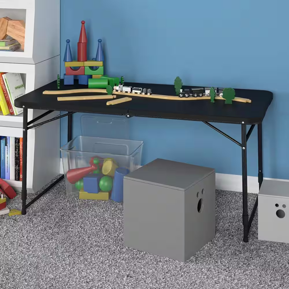 4 Ft. Fold-In-Half Adjustable Height Indoor/Outdoor Utility Table, Black