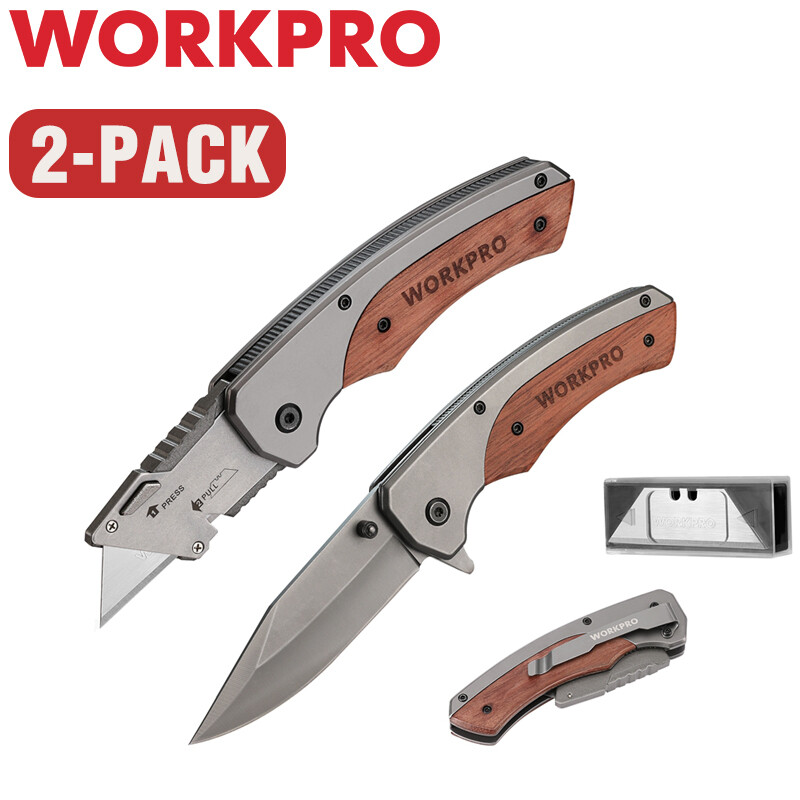 WORKPRO 2PK Folding Utility Knife EDC Pocket Knife Box Cutter Quick-Change Blade