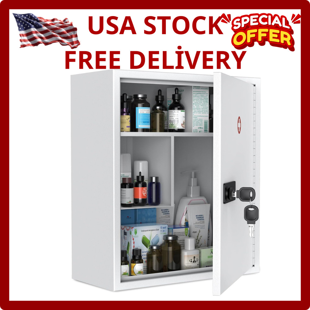 Lockable Wall Mount Medicine Cabinet - Secure Steel Storage Organizer, White