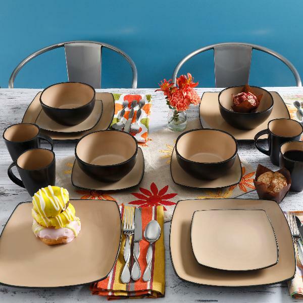 DINNERWARE SET 16-Piece Plates Bowls Mugs Dishes Stoneware Square Dinner Kitchen
