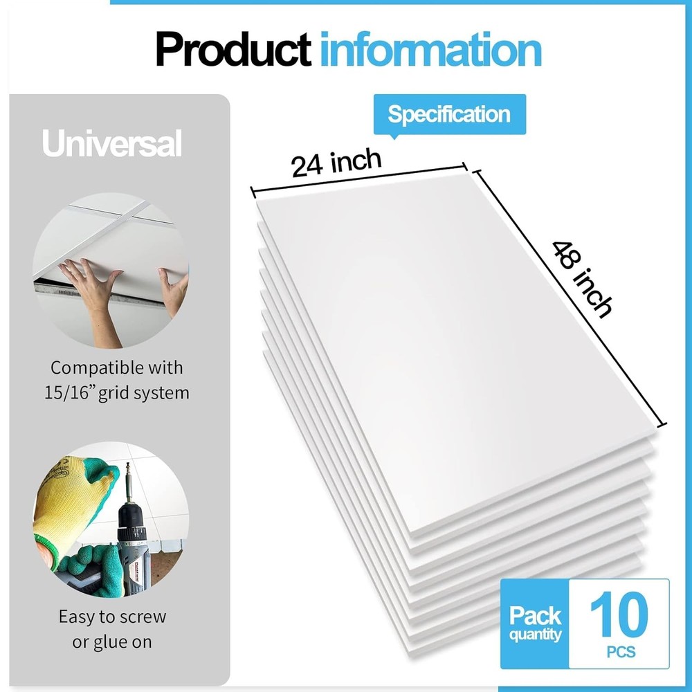 10-Pack Smooth Drop Ceiling Tile 2ft x 4ft - Fire-Rated, Waterproof, Reusable...