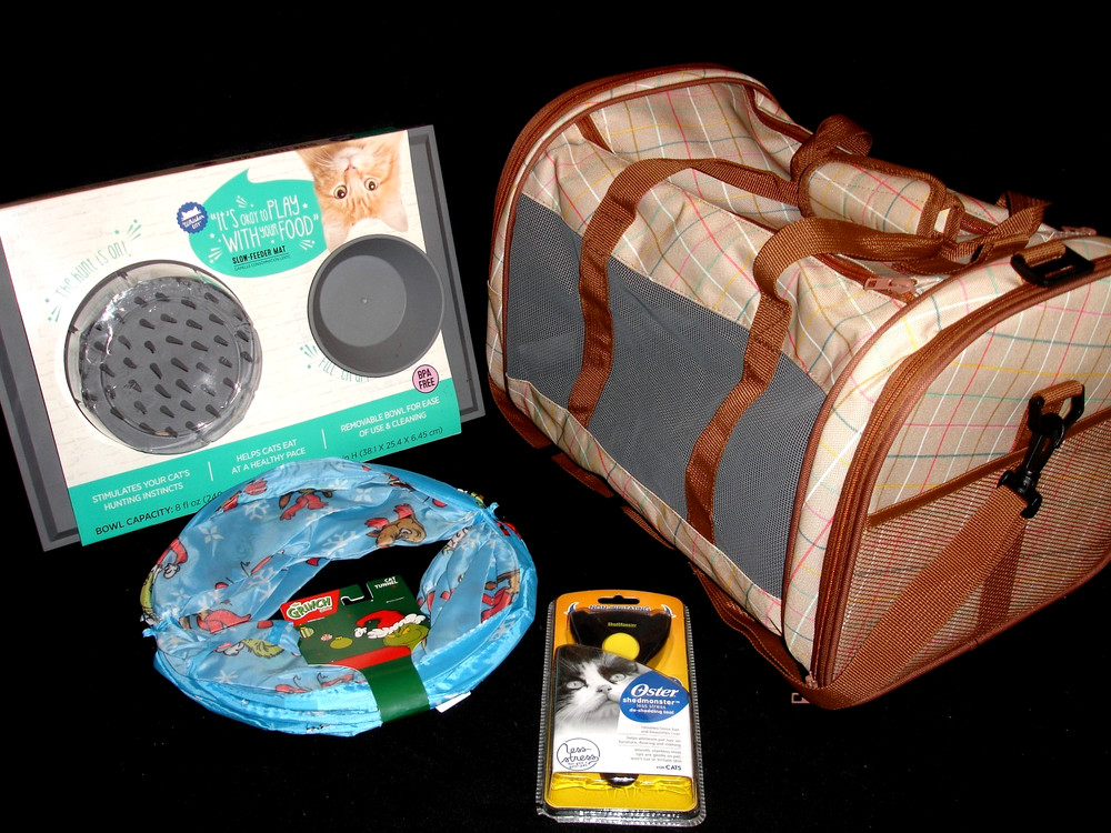 Cat Care Bundle: Soft Carrier Slow-Feeder Mat/Bowl De-Shedding Tool Play Tunnel