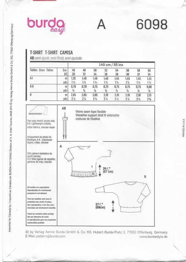 C253 BURDA 6098: TOP SIZE 20-34 SEWING PATTERN