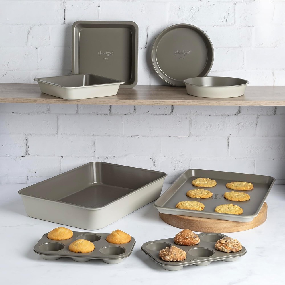 Goodful All-In-One Nonstick Bakeware Set, Stackable and Space 8-Piece, Linen