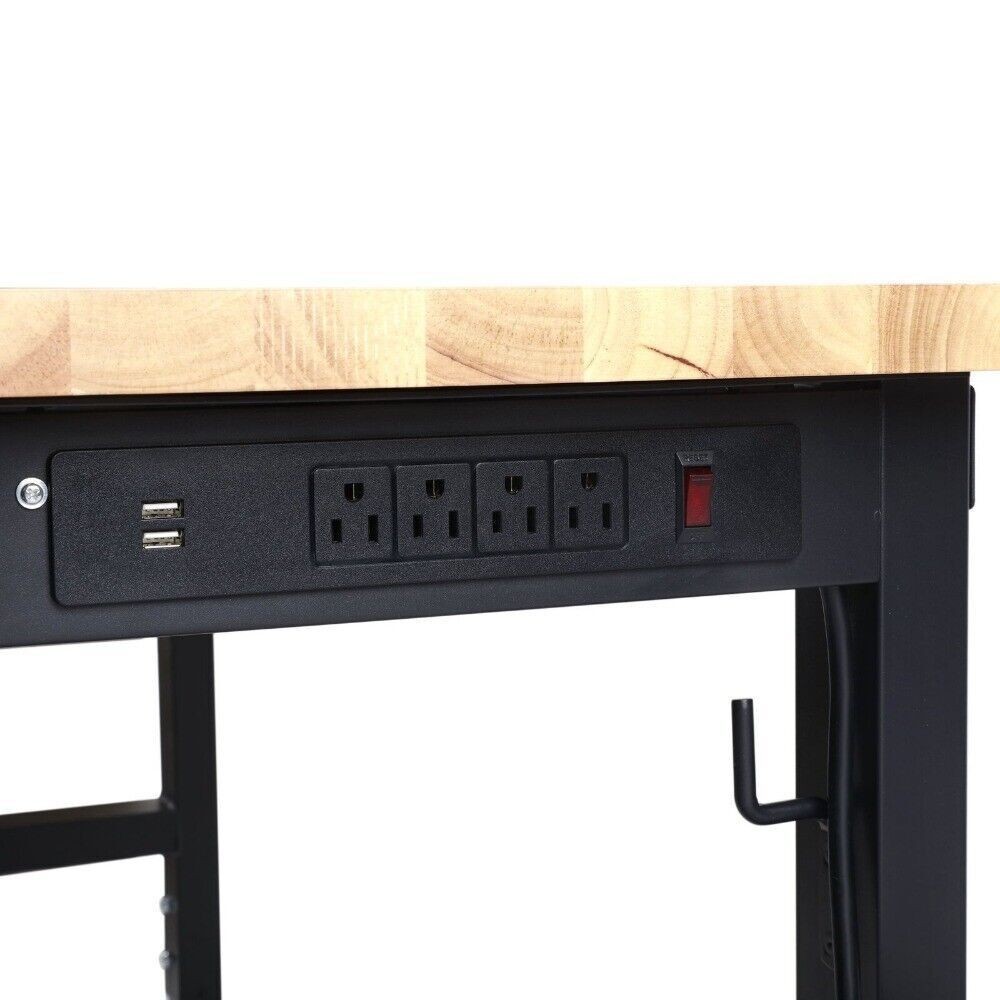 Heavy Duty Workbench Adjustable Height Wood Worktop Steel Frame Capacity 1300 Lb