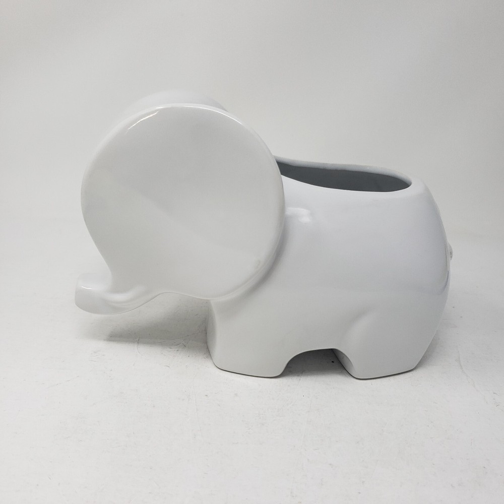 White Gloss Glazed Elephant Planter Ceramic Short Round 6" Long 4" Tall MOD