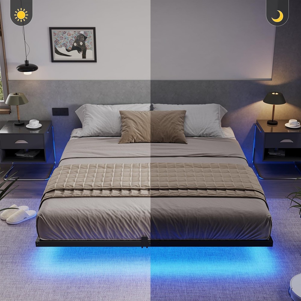 Floating Bed Frame Queen Size with LED Lights, Metal Platform Bed Frame, Black