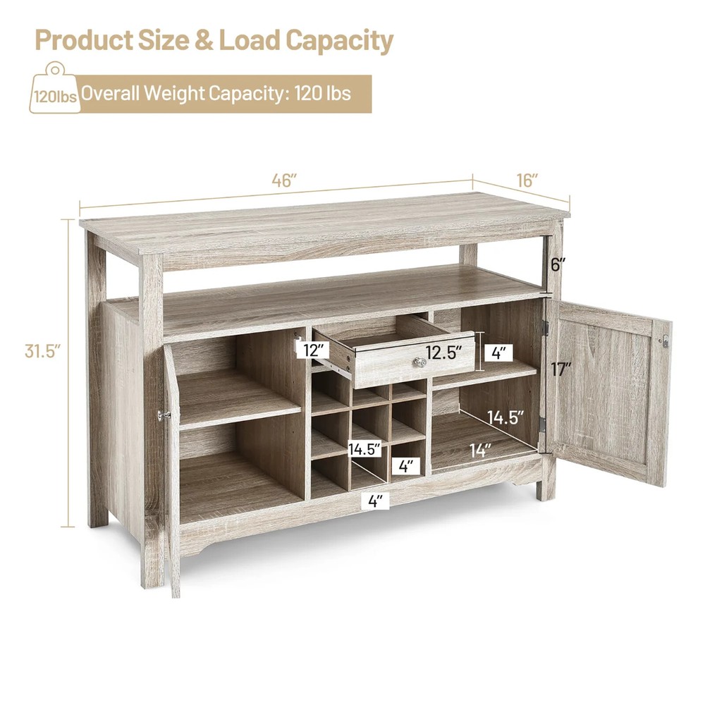 Sideboard Buffet Console Cabinet Table Storage Drawers Shelves Wine Rack Gray