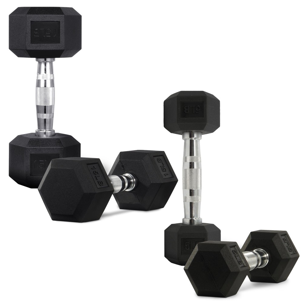 Hex Rubber Dumbbells 2-Pack Set (5-20 lb Combo) – Cast Iron Core