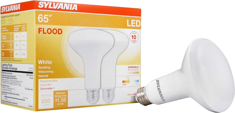 Sylvania LED BR30 Flood Light Bulb, 65W Equivalent Efficient 9W, 10 Year, Dimmab