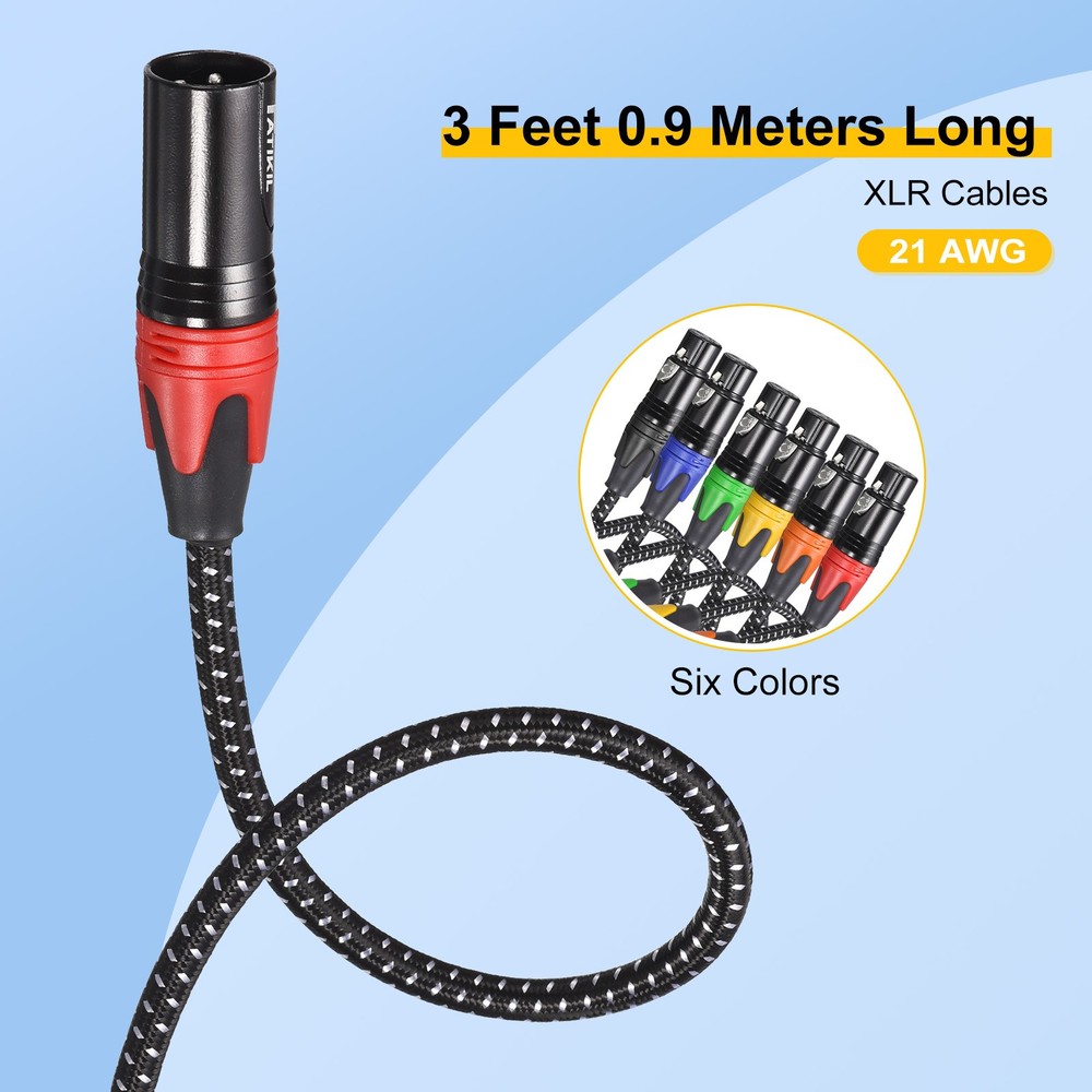 XLR Cables, 3ft 21AWG Microphone Cables XLR Speaker Patch Cables 3-Pin 6 Pcs