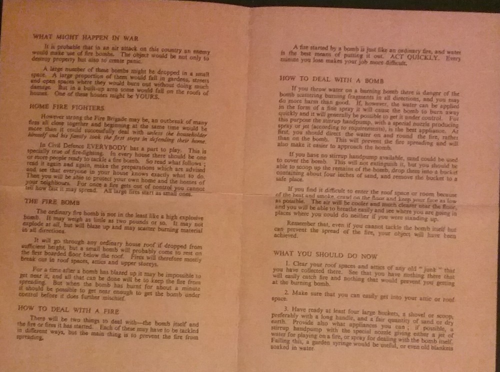 LEAFLET ON FIRE PRECAUTIONS IN WAR TIME 1939 , HISTORY , BLITZ , WAR , SOUVENIR
