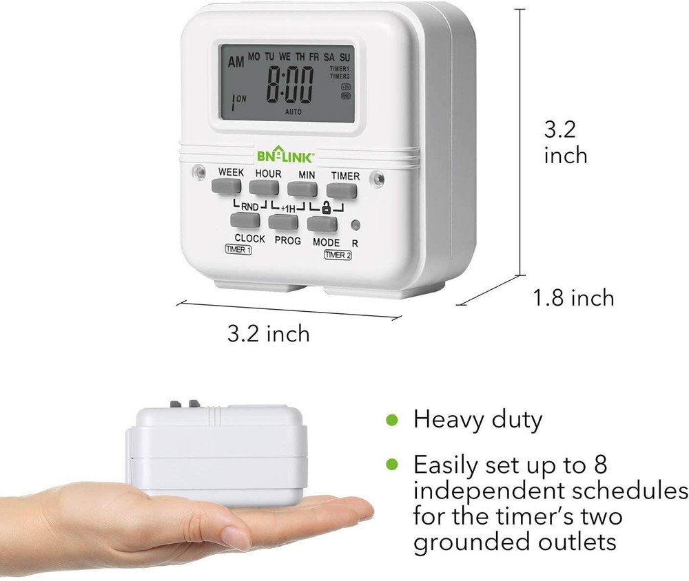 BN-LINK 7 Day Heavy Duty Digital Programmable Dual Outlet Timer - 2