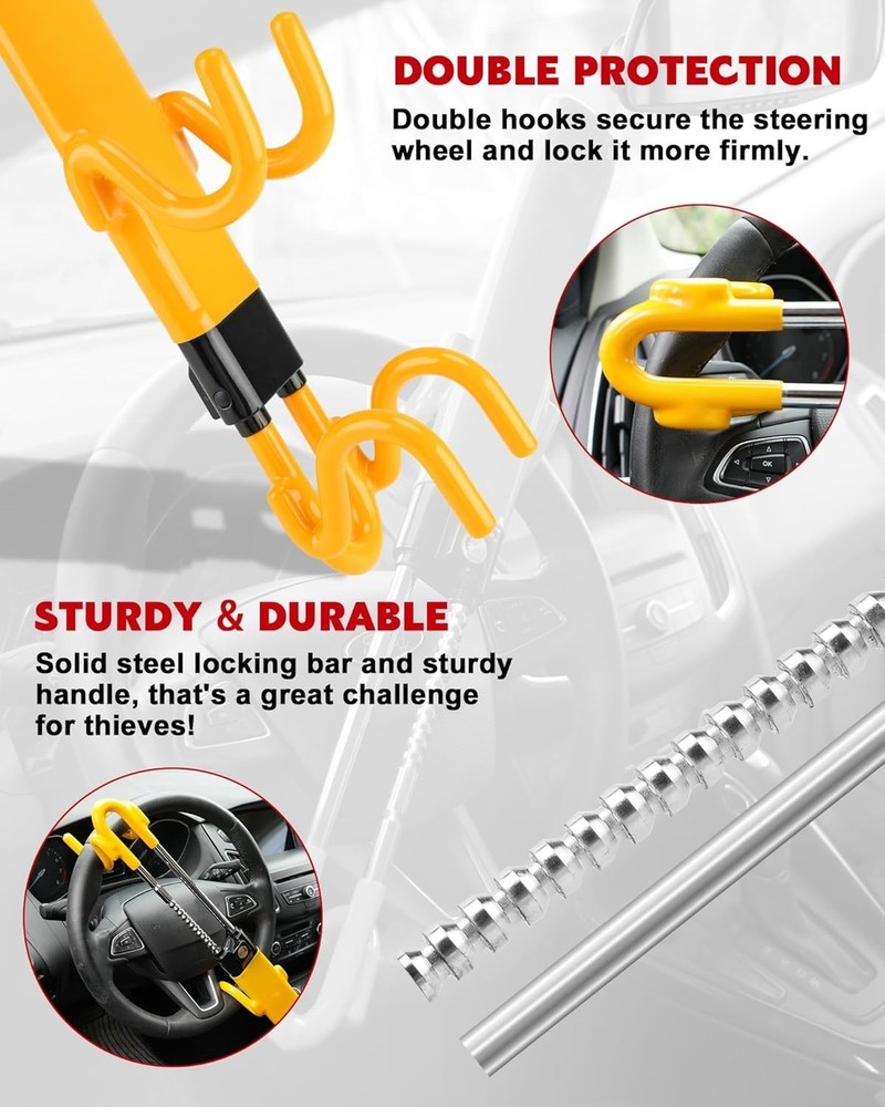 Steering Wheel Lock - Heavy Duty Antitheft Device and Car Yellow