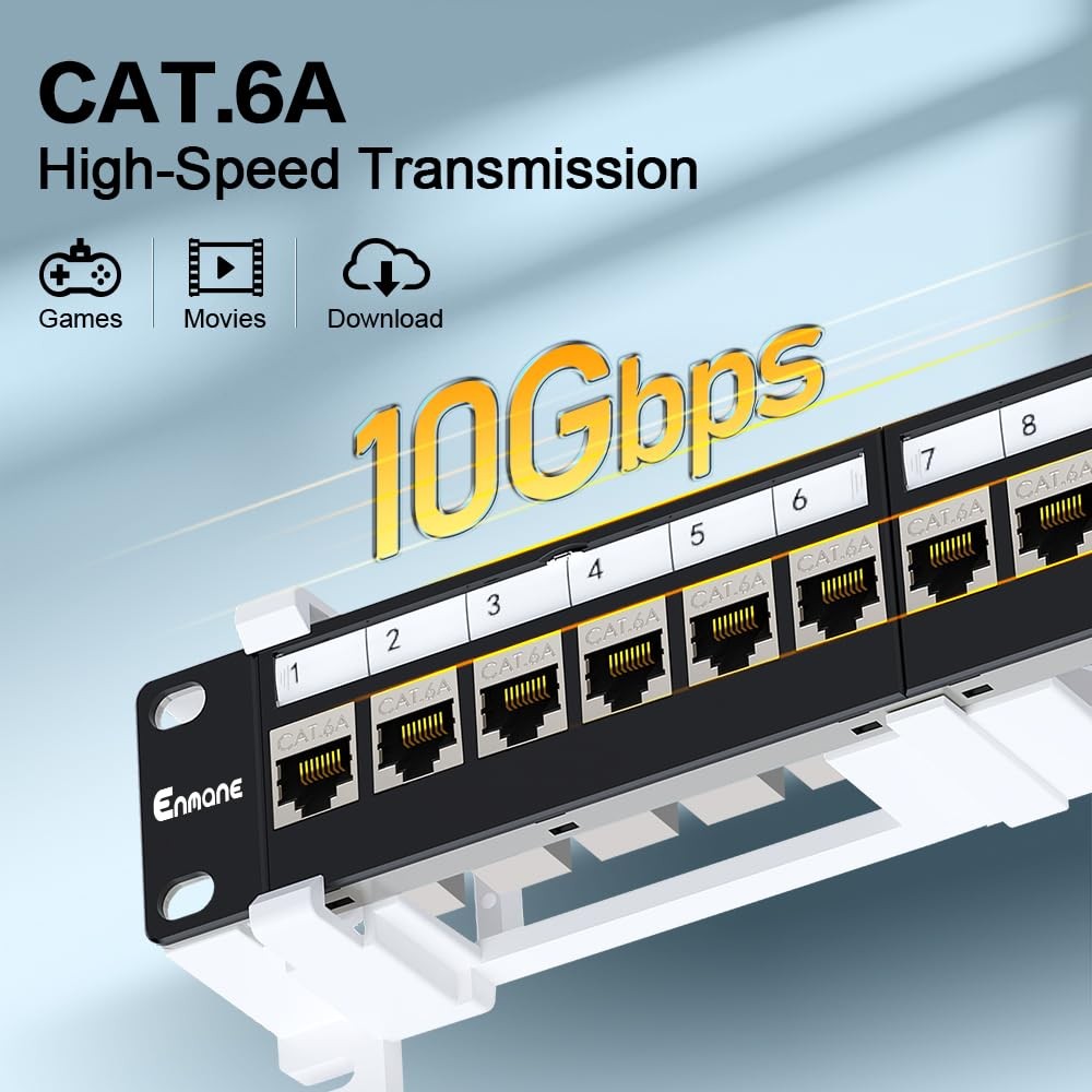 Enmane 12 Port Patch Panel CAT6a Patch Panel (EC Listed) Wall Mount 10 Inch Brac