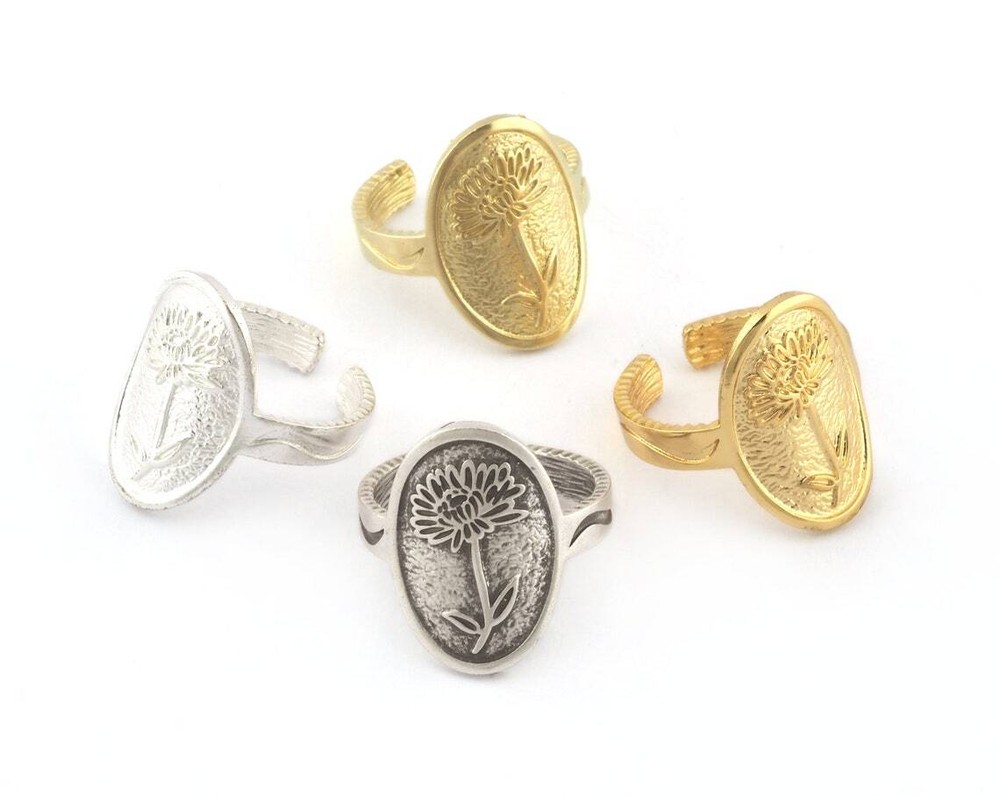 Birth Monthly Flower(November Chrysanthemum)Adjustable Ring Raw Solid Brass 5322
