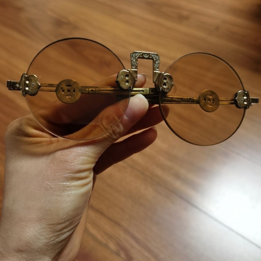 Vintage Crystal Brown Stone Pattern Lenses Solid Copper Frame Antique Sunglasses