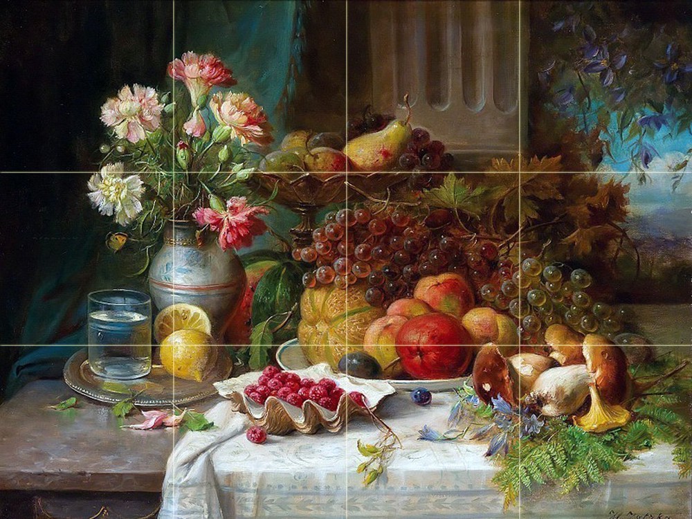Still Life fruit flowers mushrooms Tile Mural Kitchen Backsplash Marble Ceramic