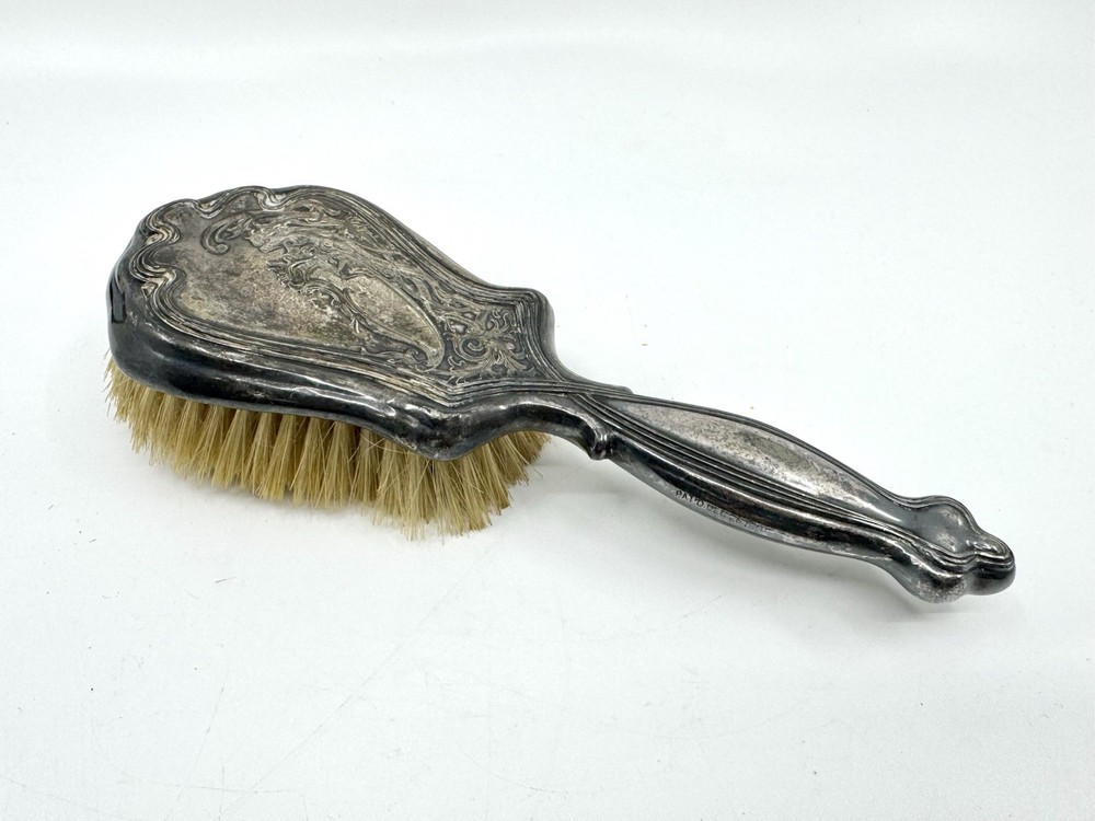 Antique 1900s VICTOR SILVER CO Silverplate Vanity Brush Rare Lion Shield Pattern