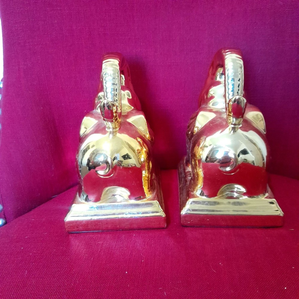 Gold Elephant Bookends Pair Ceramic 7" Tall
