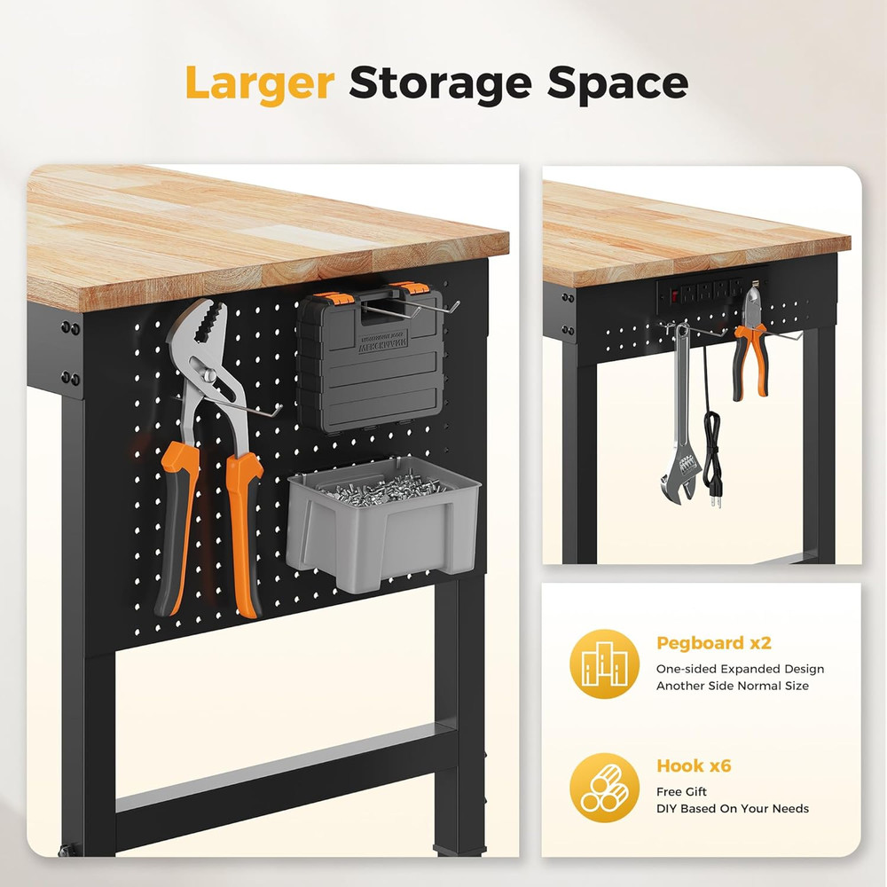 60" Adjustable Heavy Duty Workbench, 2000 LBS Load Capacity Rubber Wood Work Tab