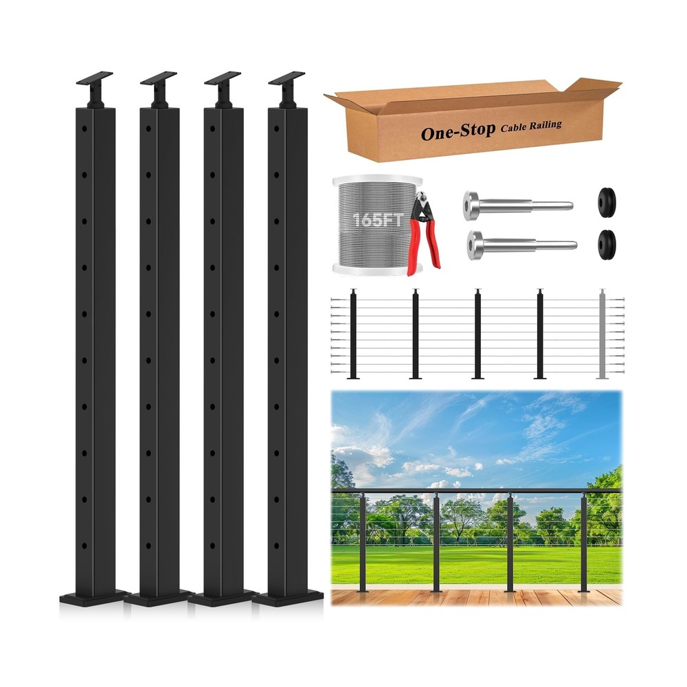 Cable Railing System - 4Pack Adjustable Line Post Kit with 160ft Cable, 10 Te...