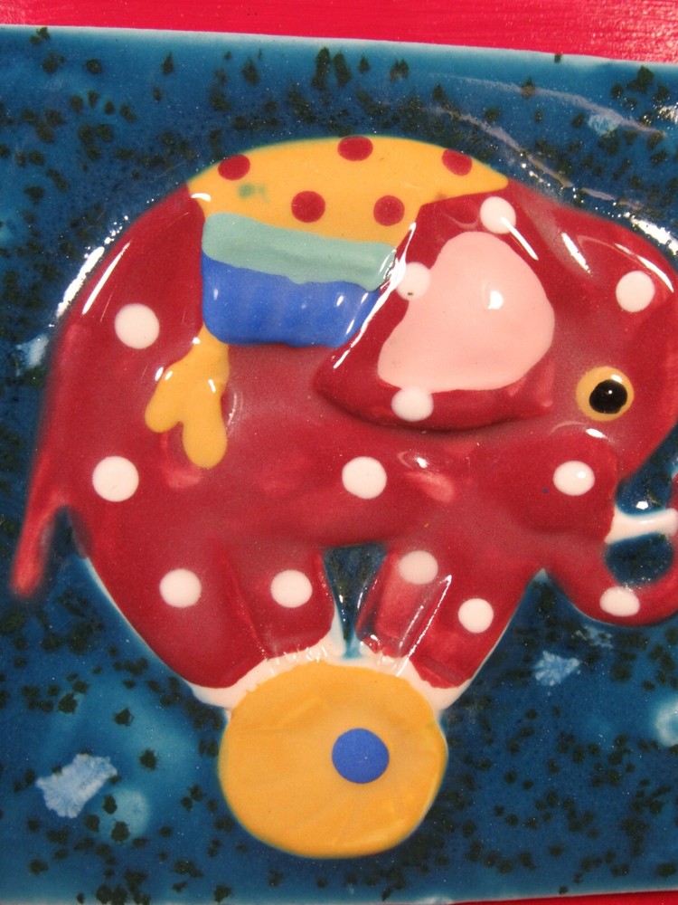 Wall Decor Ceramic Hand Painted Tile Framed Elephant Baby Nursery 6.5" Square