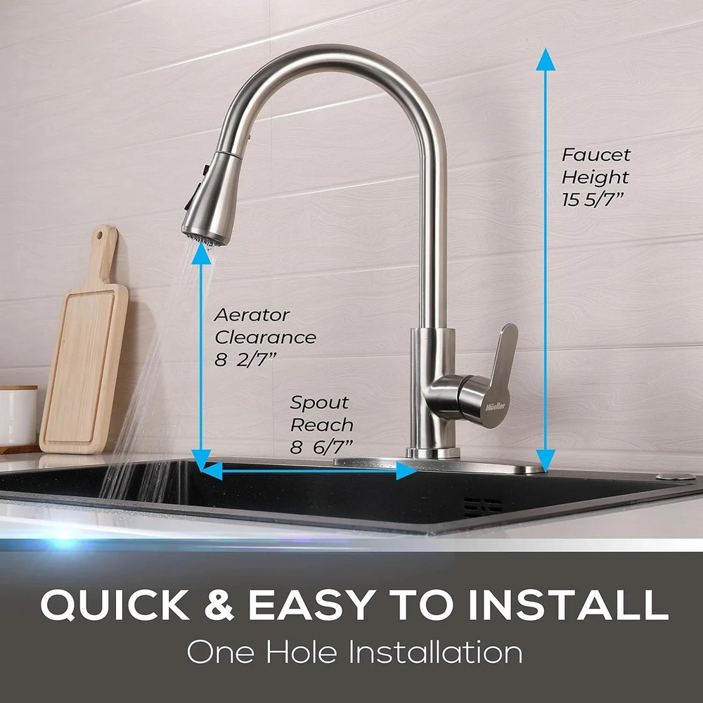 Mueller Pull-Down Kitchen Faucet Brushed Stainless Steel Single Handle 360° 10pc