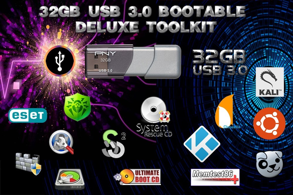 USB Bootable Deluxe Tech Tool Kit - 19+ OSes Repair Scan Test Clone